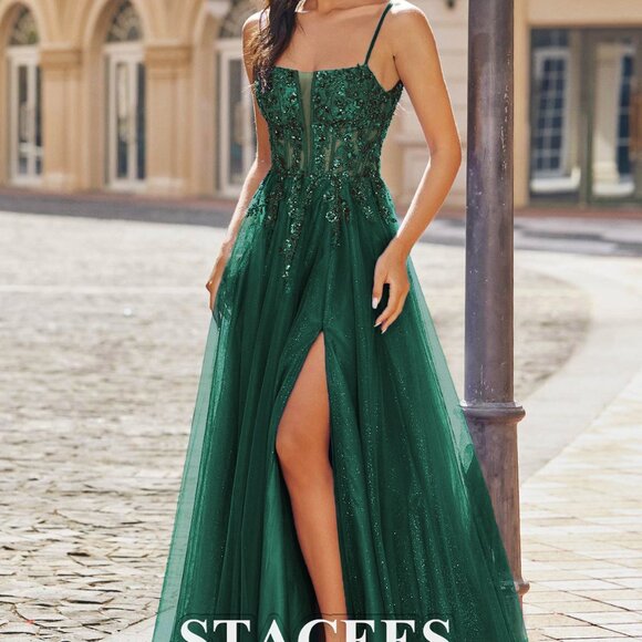 Stacees Dresses & Skirts - A-line gown with sweep train and vines + appliqued sequins